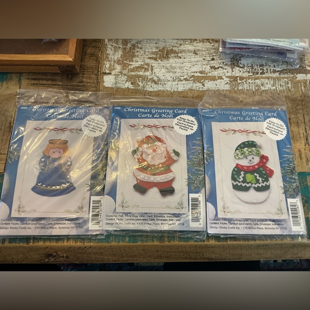 Set of 3 Christmas Greeting Card Craft Sets with Angel, Santa, and Snowman kits.